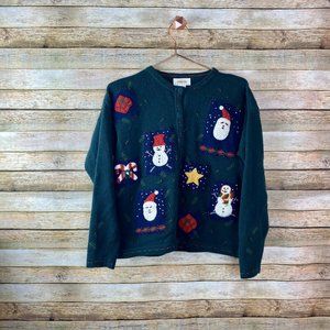 Talbots Womens Snowman Sweater Petite Medium Green